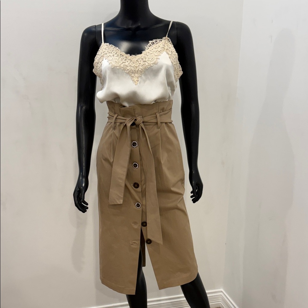 PINKO Paperbag Waist Midi Skirt Camel Belted Rhinestone Buttons Size 40 NEW